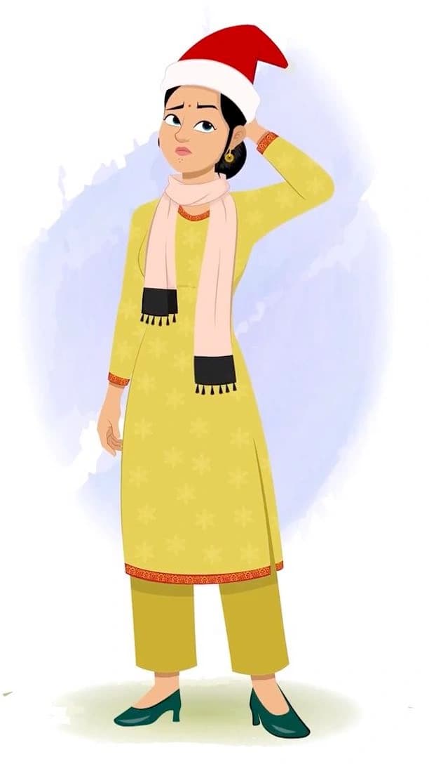 A confused Indian christmas woman animated vector cartoon character AKA Sandhya