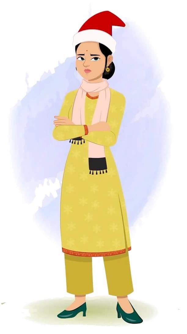 An annoyed Indian christmas woman animated vector cartoon character AKA Sandhya