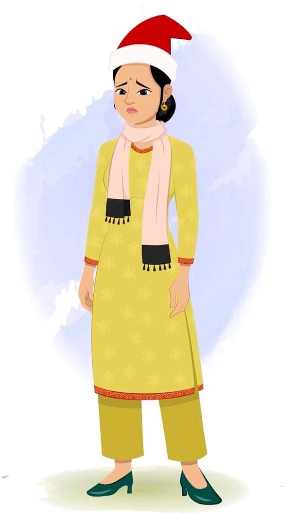 A sad Indian christmas woman animated character cartoon vector AKA Sandhya
