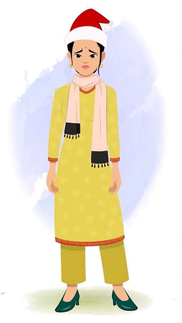 A sad Indian christmas woman animated vector cartoon character AKA Sandhya