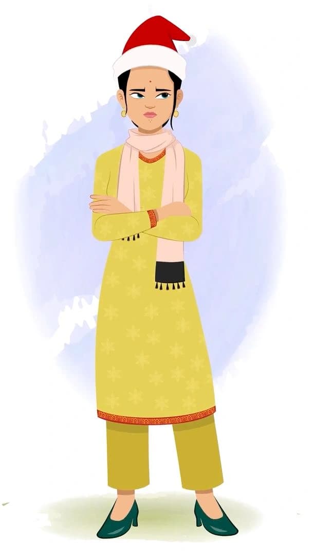 An annoyed Indian christmas woman animated character cartoon vector AKA Sandhya