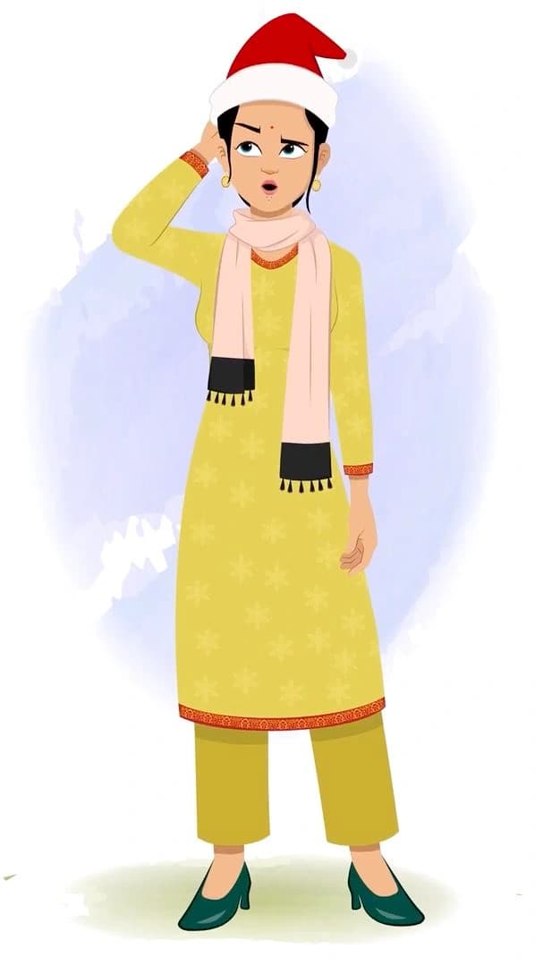A confused Indian christmas woman animated character cartoon vector AKA Sandhya