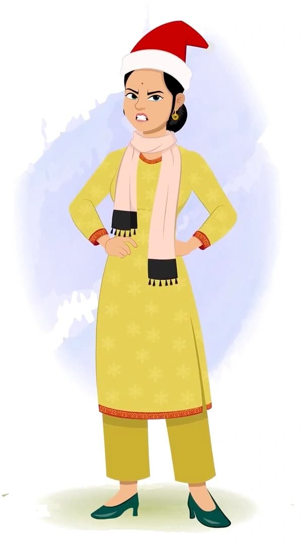 An angry Indian christmas woman animated vector cartoon character AKA Sandhya