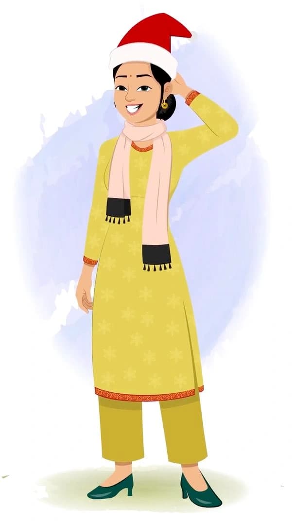 An Indian christmas woman nervous animated vector cartoon character AKA Sandhya
