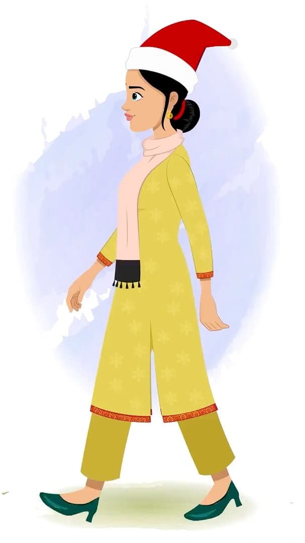 An Indian christmas woman side walking animated vector cartoon character AKA Sandhya