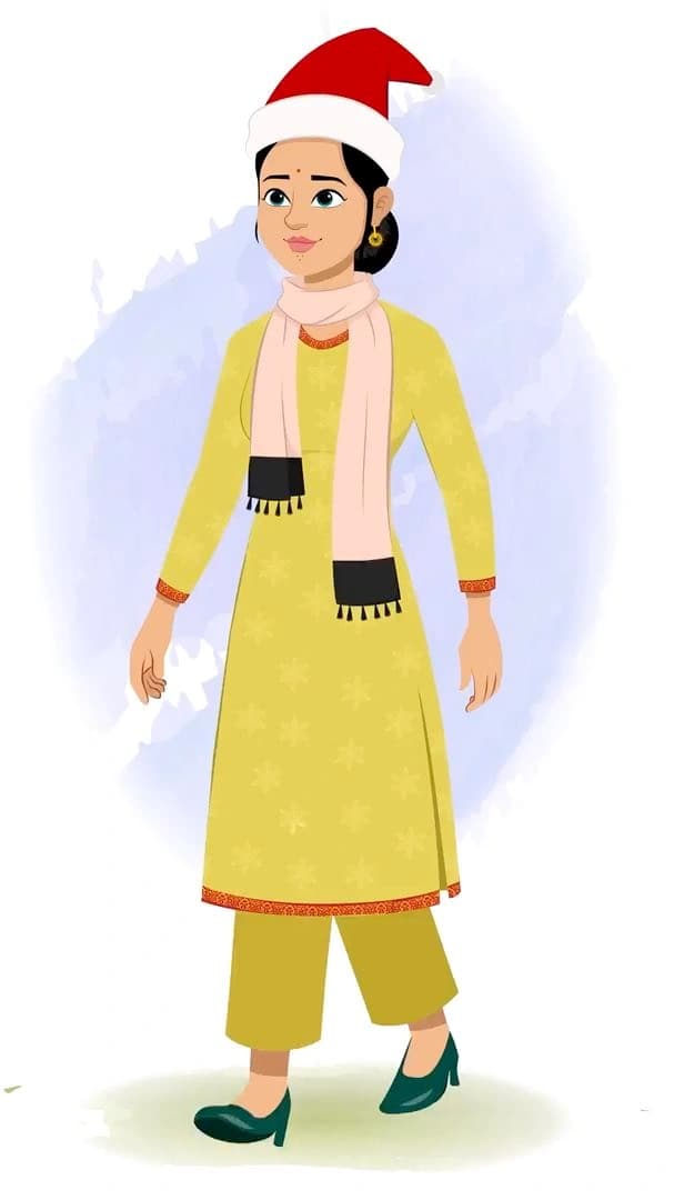 A pretty Indian christmas woman walking animated vector cartoon character AKA Sandhya