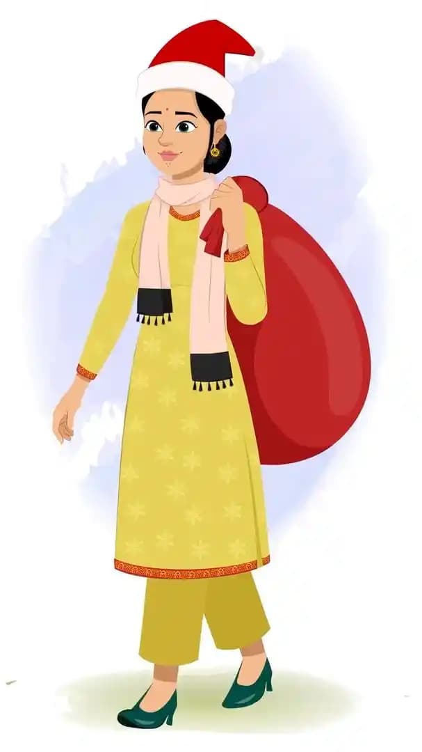 An Indian christmas woman walking with gift sack animated vector cartoon character AKA Sandhya