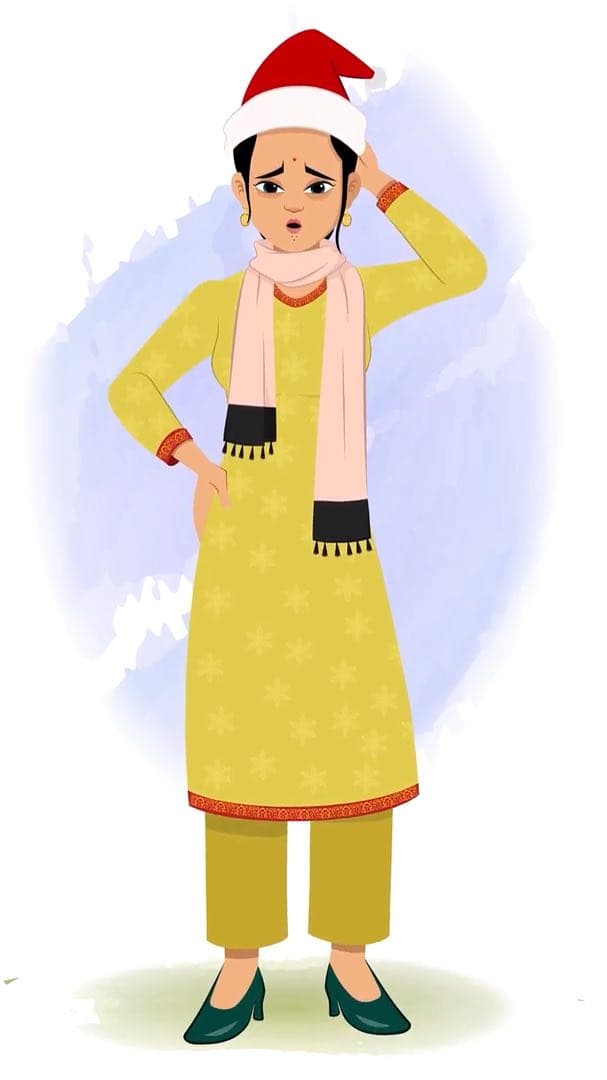 A tired Indian christmas woman animated vector cartoon character AKA Sandhya