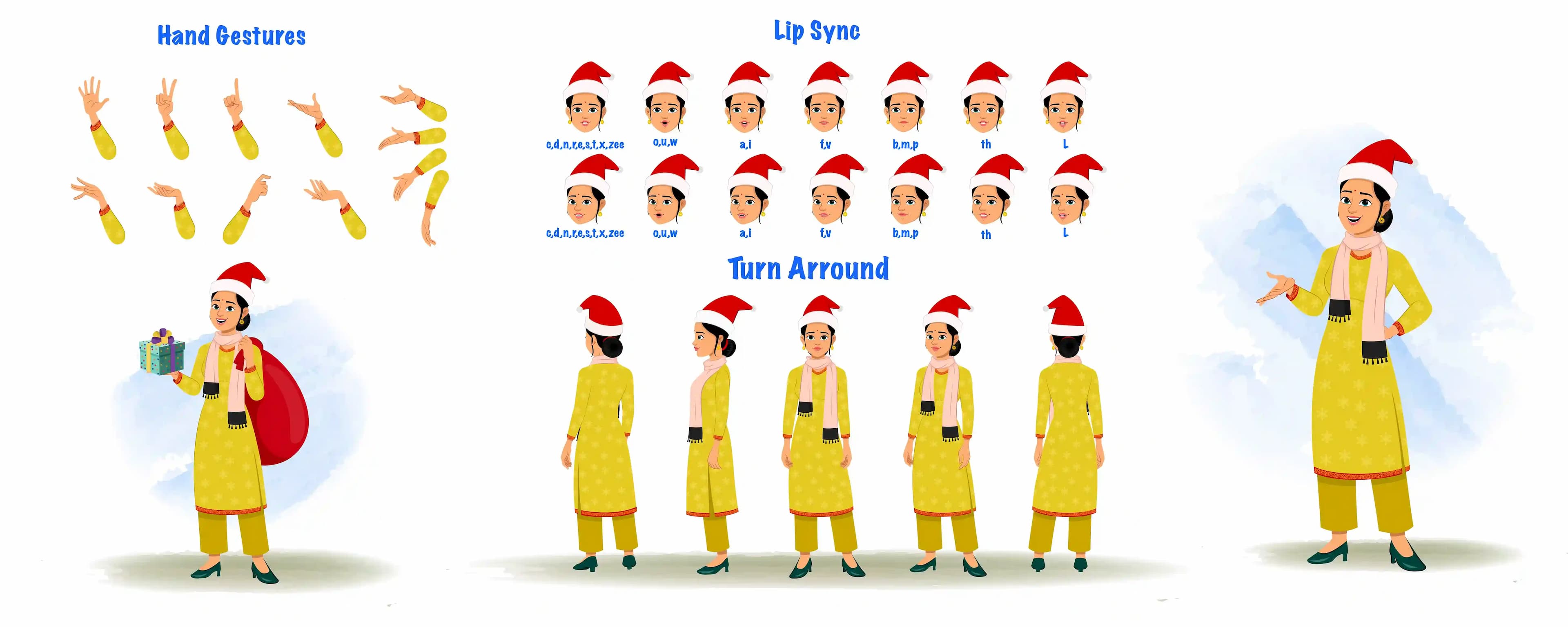 A santa woman modelsheet-character construction design set with hand gesture and lip sync set AKA Sandhya
