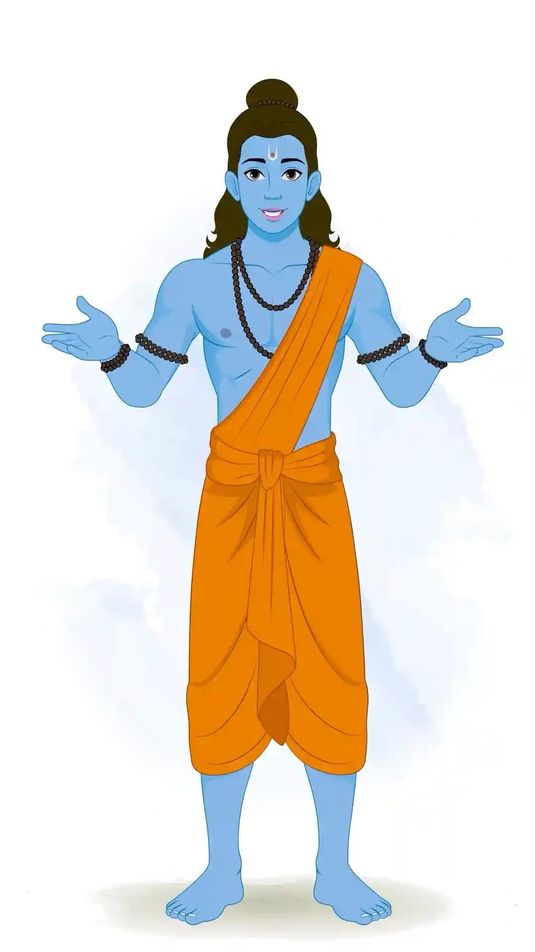 Front view of Lord Rama talking with open hands,wearing saffron dhoti and bead malas,blue-skinned Hindu deity devotional vector art AKA Lord Rama