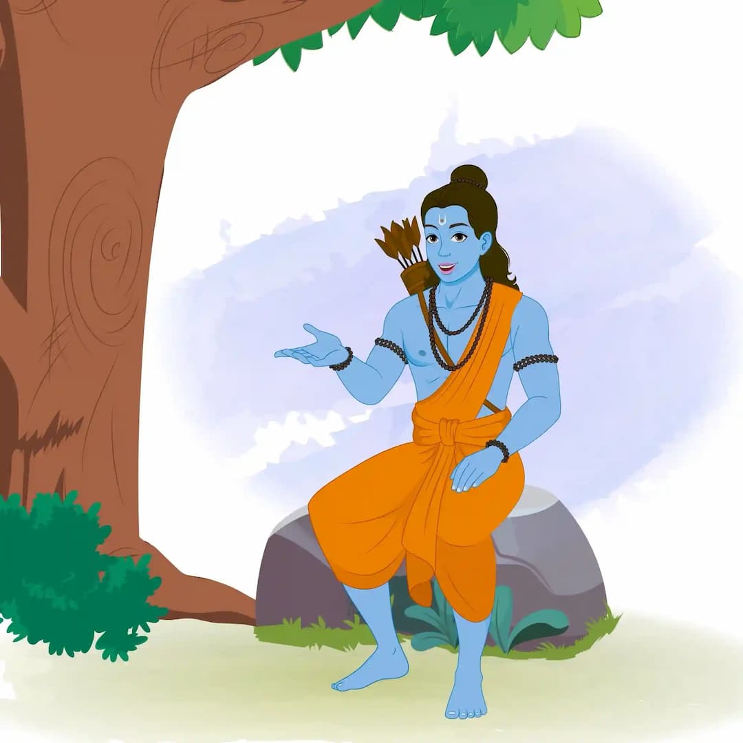 Lord Rama sits on a stone beneath a tree, gesturing as he speaks; wearing a saffron dhoti and bead malas with a quiver of arrows on his back—Hindu devotional illustration AKA Lord Rama