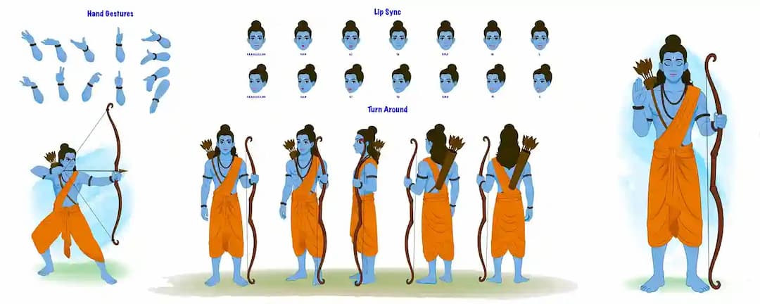 Model sheet of Lord Rama showing multiple hand gestures, lip-sync mouth shapes/visemes (A,E,I,O,U,F/V,B/M/P), and a full turnaround lineup with bow and arrows—clean vector for 2D animation, rigging, and illustration AKA Lord rama