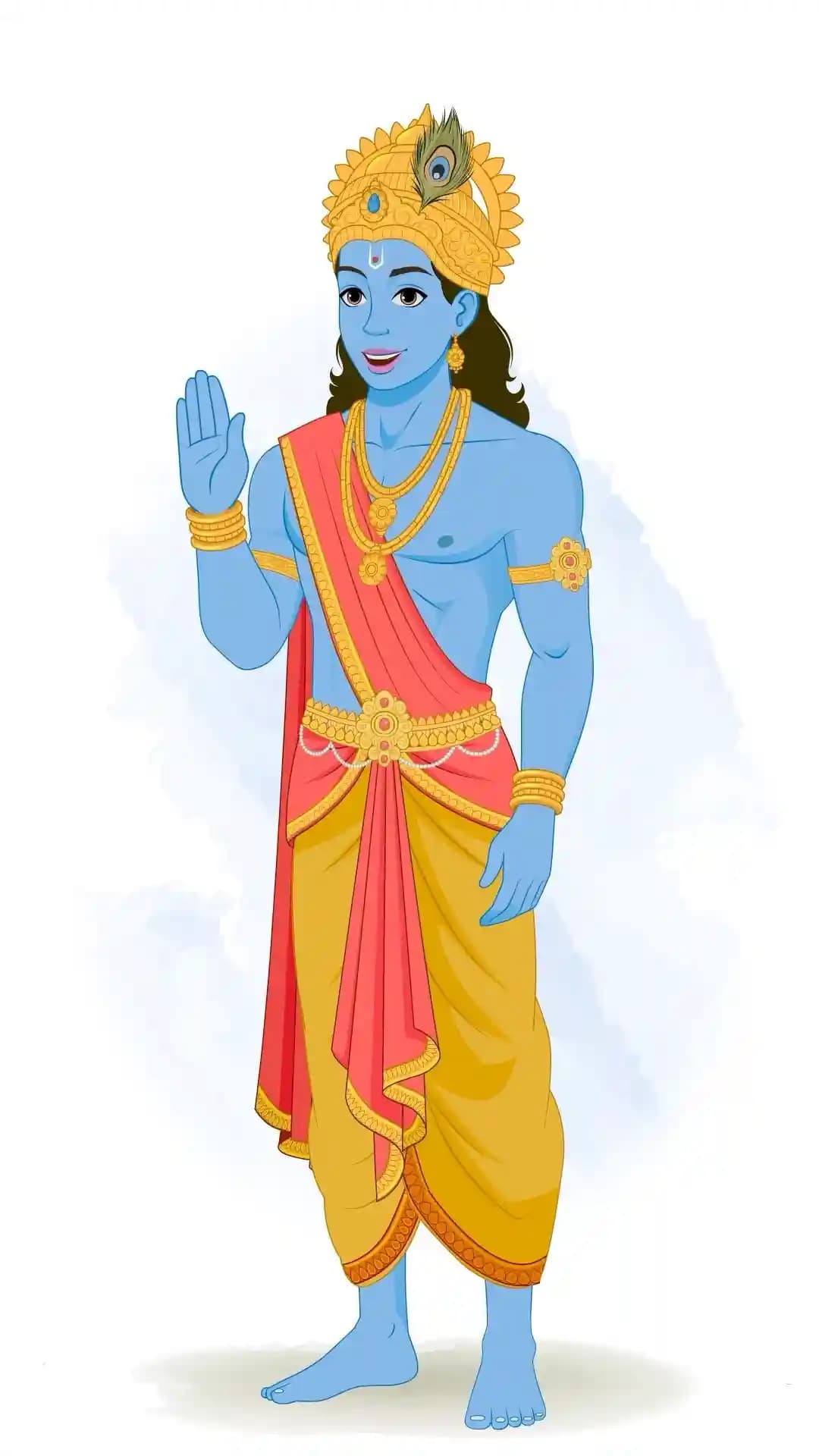 Lord Krishna standing and giving aashirvaad, right hand raised, blue skin, peacock-feather crown, golden dhoti with red stole and jewelry, front-view cartoon character illustration AKA Lord Krishna