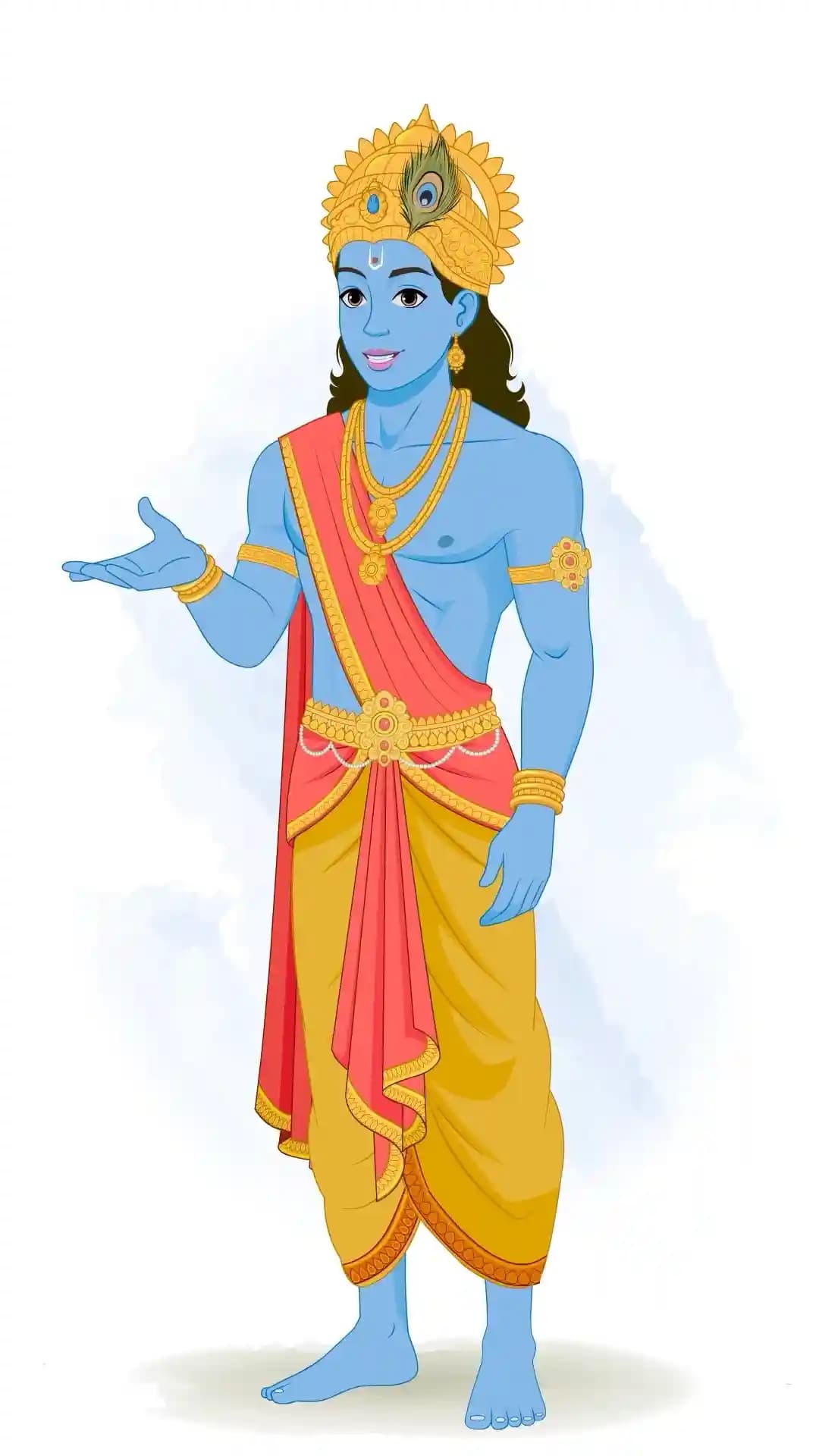 Lord Krishna in three-quarter view, blue skin, peacock-feather crown and jewelry, wearing golden dhoti with red stole, left hand raised in talking/explaining gesture, friendly front-facing cartoon illustration AKA Lord Krishna