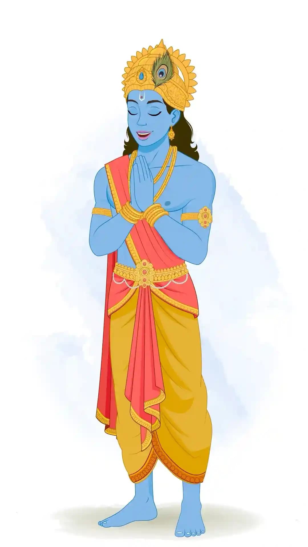Blue-skinned Lord Krishna with peacock-feather crown stands with hands joined in pranam (anjali mudra), wearing yellow dhoti and red drape with gold ornaments; devotional cartoon illustration in one-third view AKA Lord Krishna