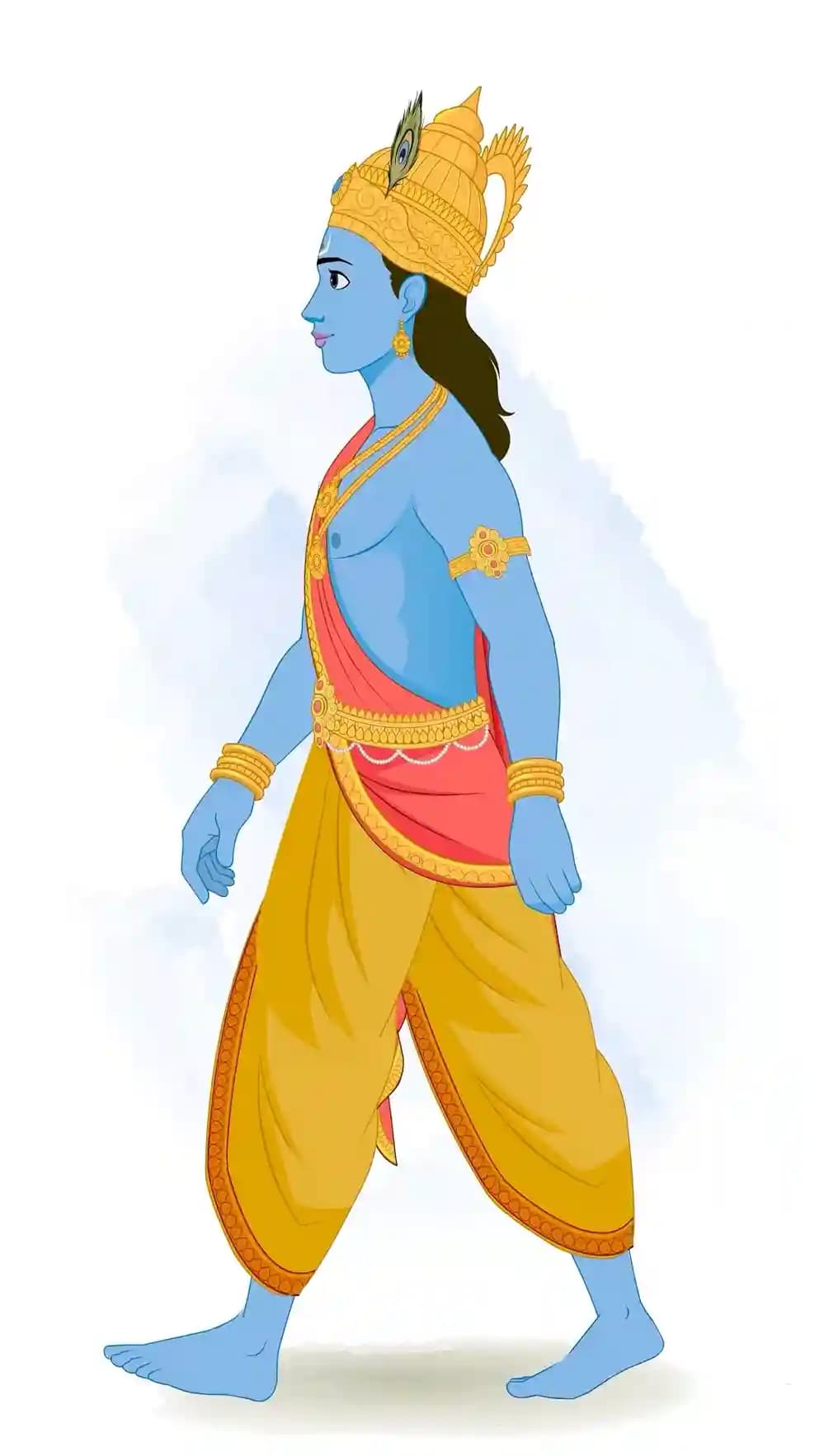 Lord Krishna walking in left-profile, blue-skinned deity wearing a golden peacock-feather crown, ornate jewelry, yellow dhoti with red drape, calm expression, mythological cartoon illustration AKA Kord Krishna