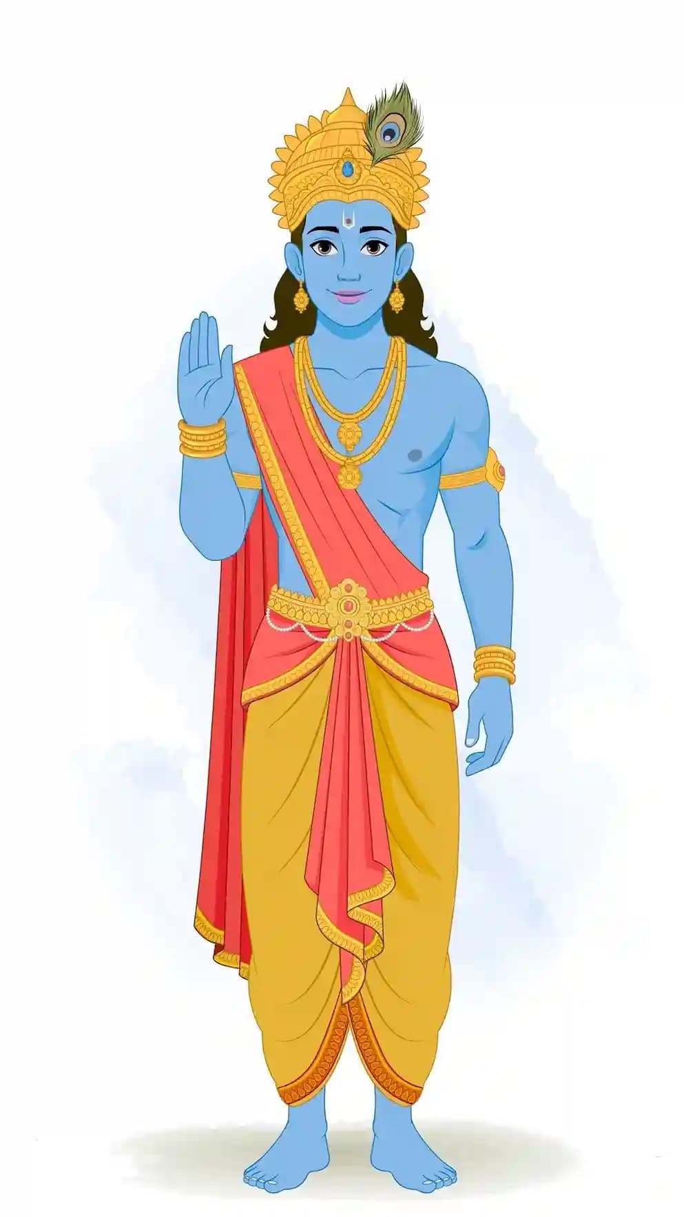 Front-facing illustration of Lord Krishna with blue skin, right hand raised in aashirvaad (abhaya mudra), wearing a golden crown with peacock feather, yellow pitambar dhoti and red uttariya, adorned with gold ornaments AKA Lord krishna
