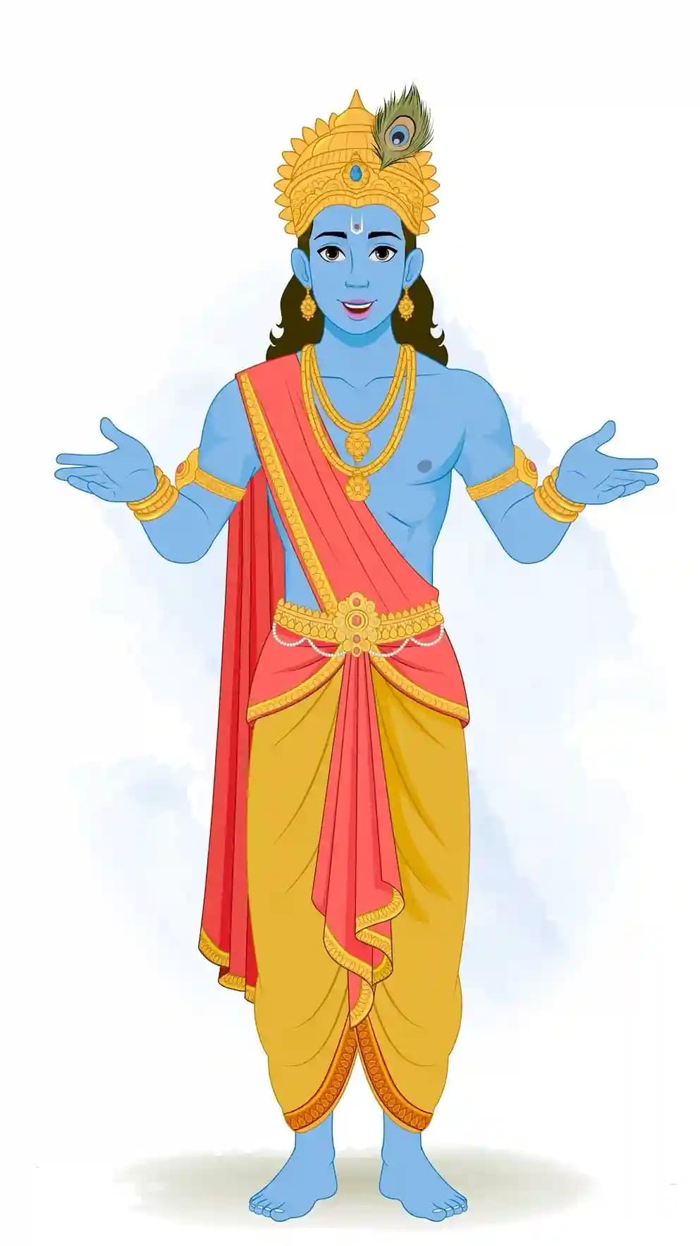 Front-facing illustration of Lord Krishna speaking with both hands open in a welcoming gesture, wearing a golden crown with peacock feather, red uttariya and yellow dhoti, adorned with ornaments AKA Lord Krishna