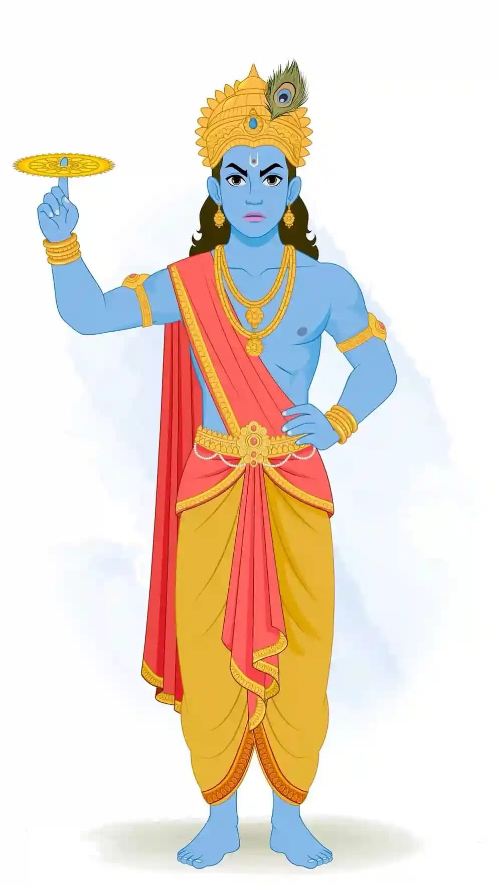 Front-facing illustration of Lord Krishna in an angry expression, balancing the Sudarshan Chakra on his raised fingertip, wearing a golden crown with peacock feather, red uttariya, and yellow dhoti AKA Lord Krishna
