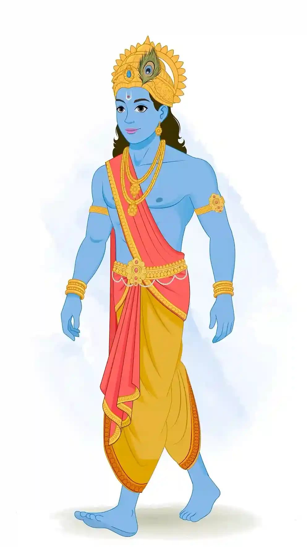 3/4 view illustration of Lord Krishna walking forward, wearing a golden crown with peacock feather, red uttariya, yellow dhoti, and ornate jewelry, with a calm divine expression AKA Lord Krishna