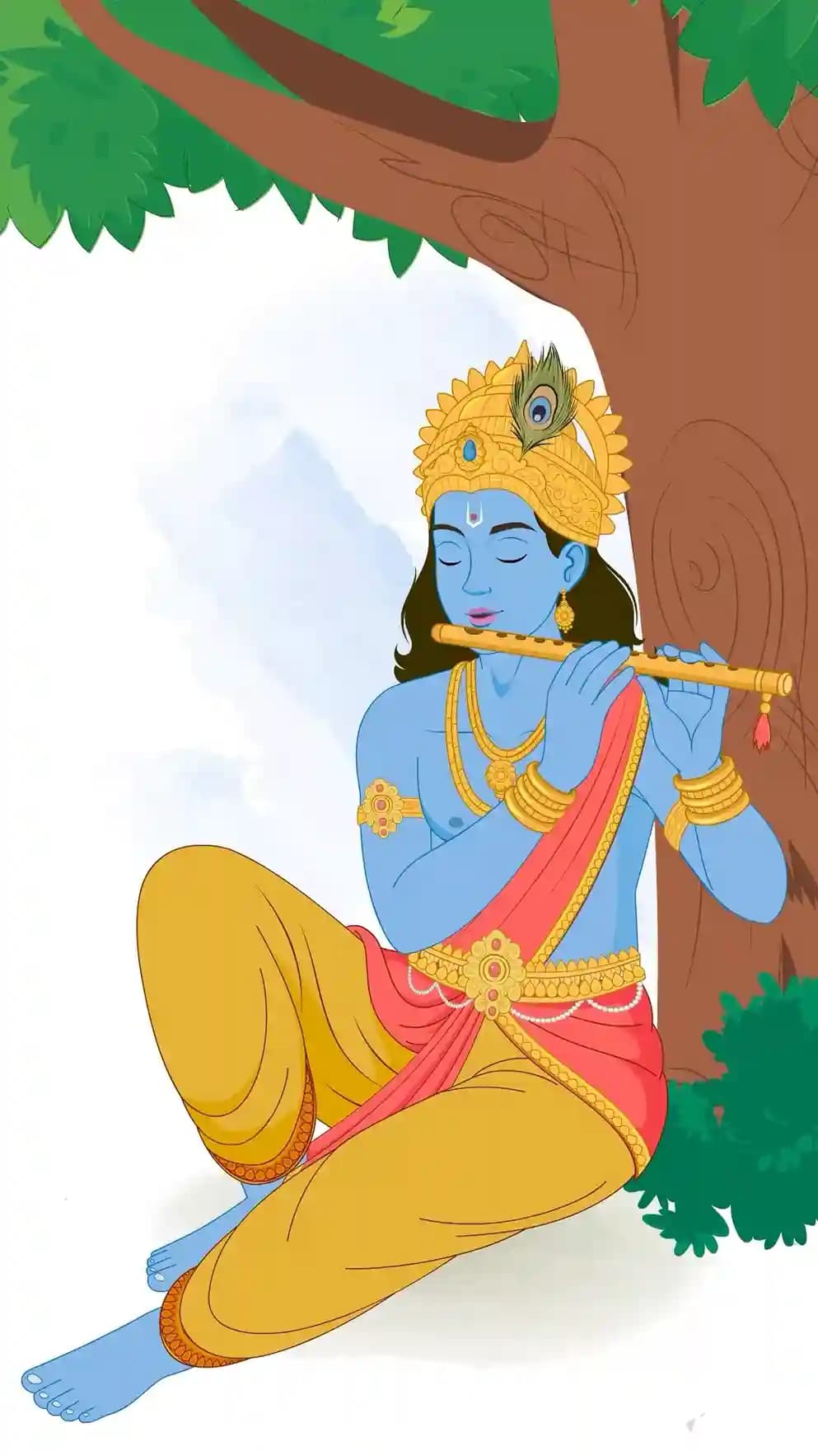 Seated illustration of Lord Krishna under a tree, eyes gently closed while playing a golden flute, wearing a peacock-feather crown, red uttariya, yellow dhoti, and ornate jewelry AKA Lord Krishna