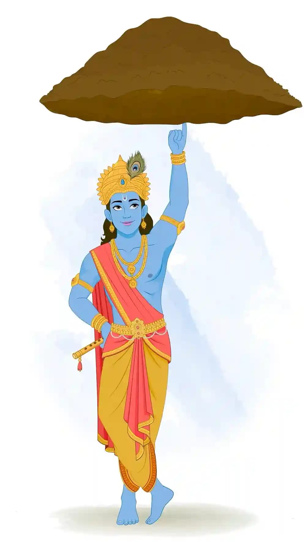 Illustration of Lord Krishna lifting Govardhan Hill on one finger, wearing a peacock-feather crown, red uttariya, yellow dhoti, golden ornaments, with flute at his waist AKA Lord Krishna