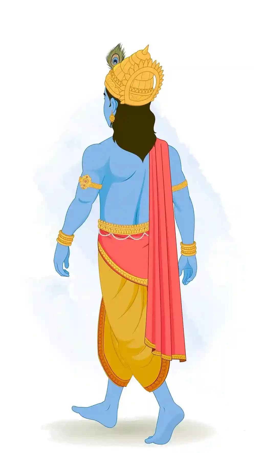 Rear three-quarter view of Lord Krishna walking, peacock-feather crown and red uttariya draped down the back, wearing yellow dhoti and gold ornaments AKA Lord Krishna