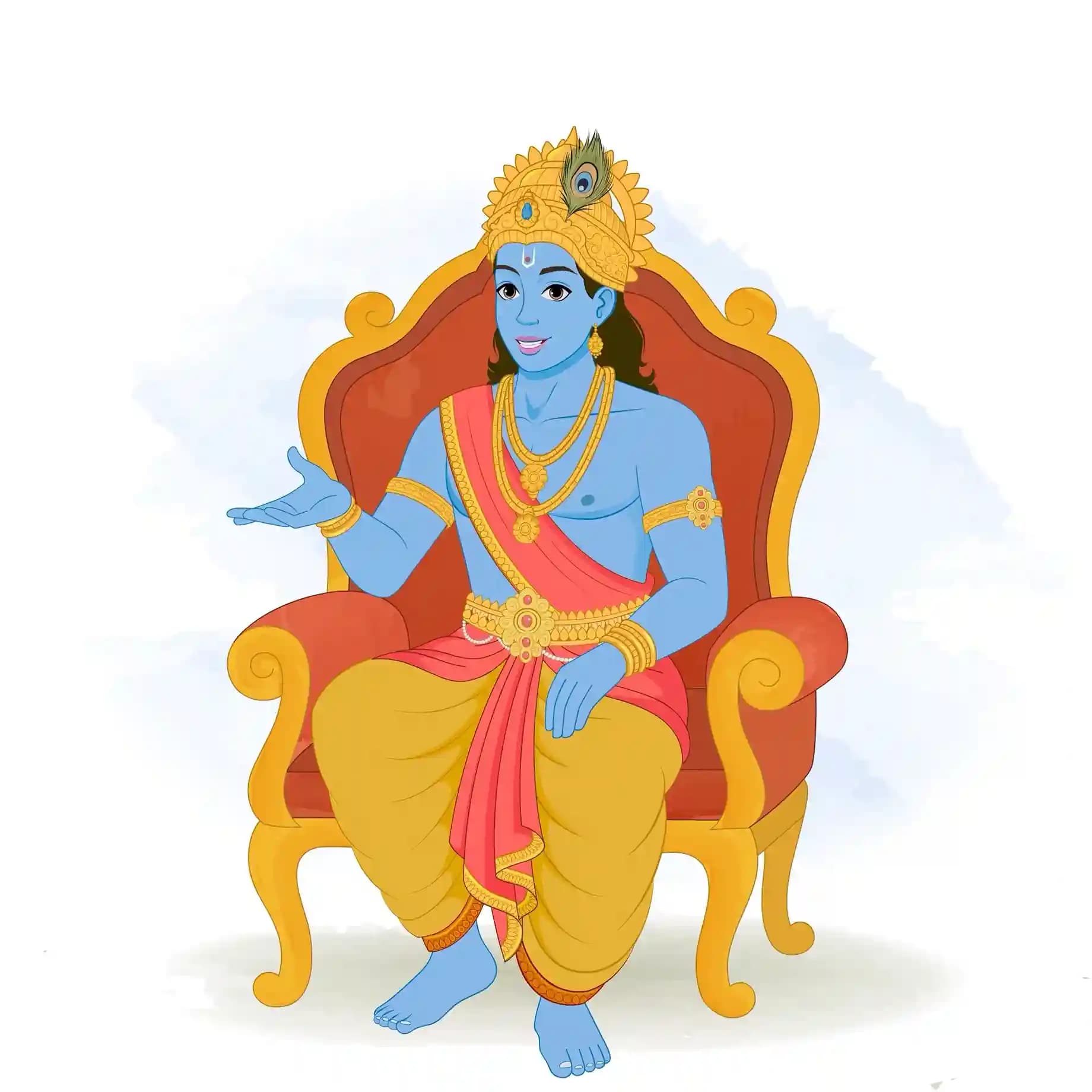 Lord Krishna seated on an ornate golden-red throne, smiling and gesturing with his right hand, wearing a peacock-feather crown, red uttariya, yellow dhoti, and gold ornaments AKA Lord Krishna