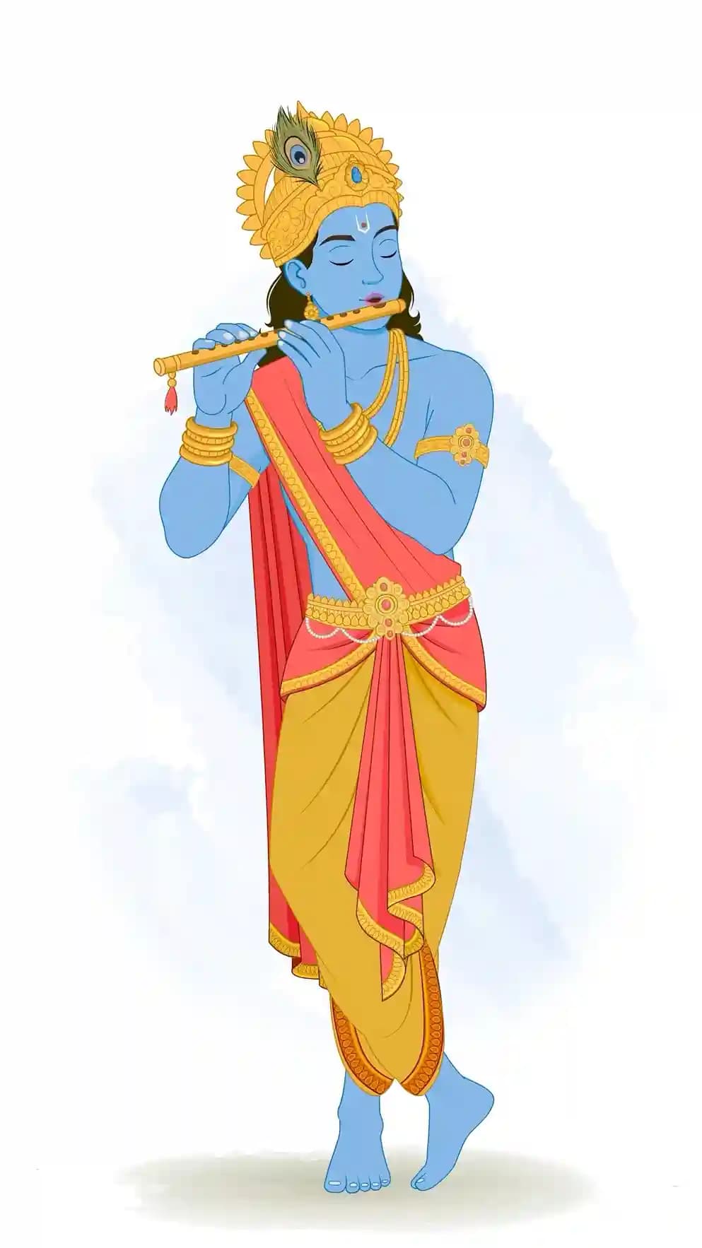 Lord Krishna standing in a graceful tribhanga stance, eyes closed, playing a golden bansuri; wearing a peacock-feather crown, red uttariya, yellow dhoti, and gold ornaments AKA Lord Krishna