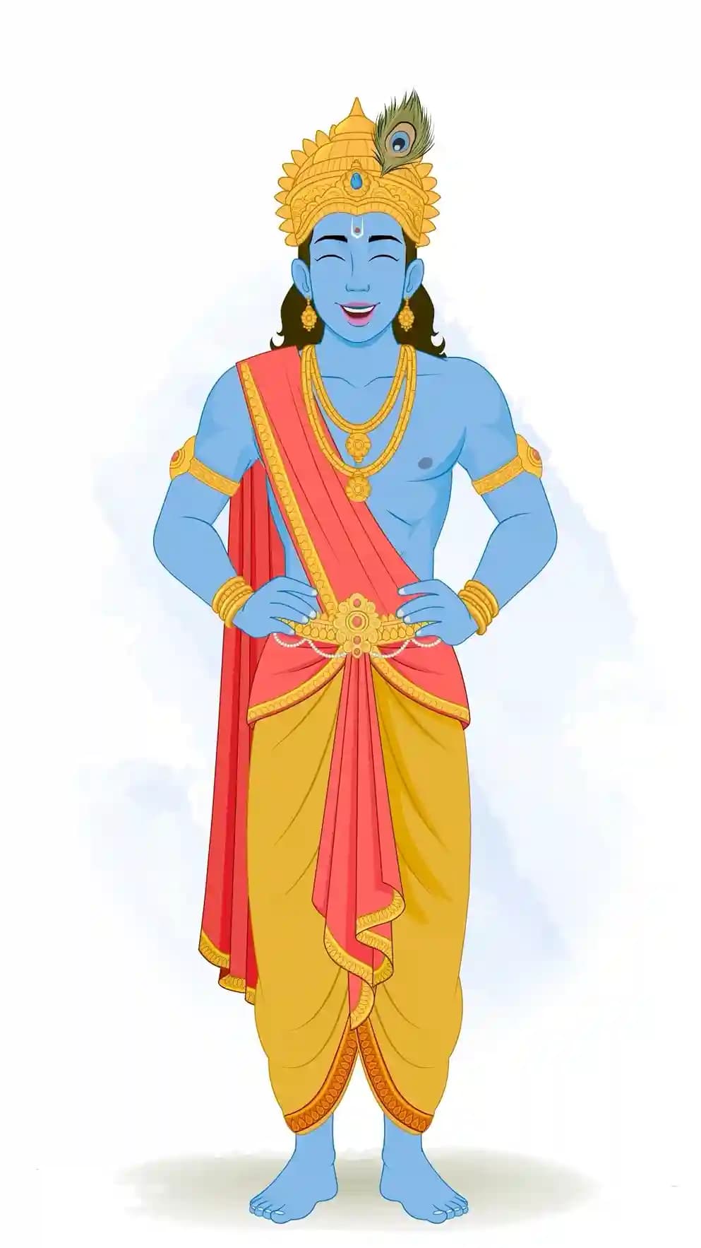 Lord Krishna standing with hands on his waist, eyes closed in laughter; wearing a peacock-feather crown, red uttariya, yellow dhoti, and gold ornaments AKA Lord krishna