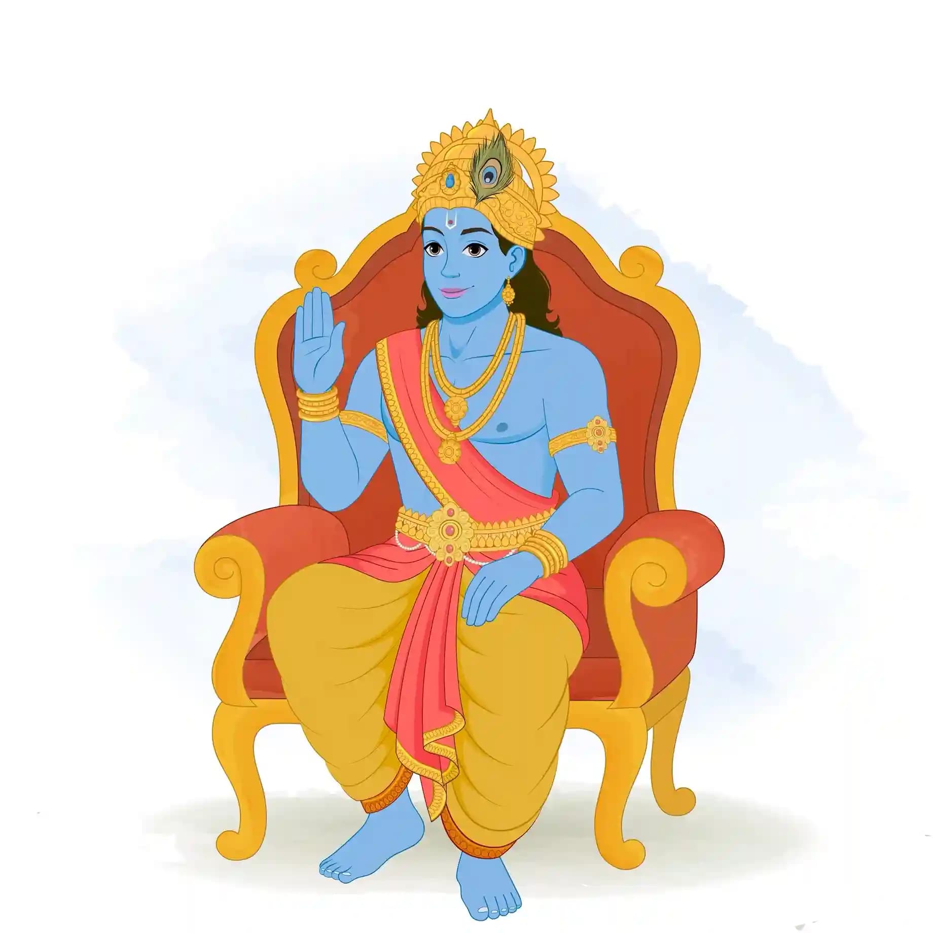 Lord Krishna seated on an ornate throne, right hand raised in blessing (abhaya mudra), wearing a peacock-feather crown, red uttariya, yellow dhoti, and gold ornaments AKA Lord krishna