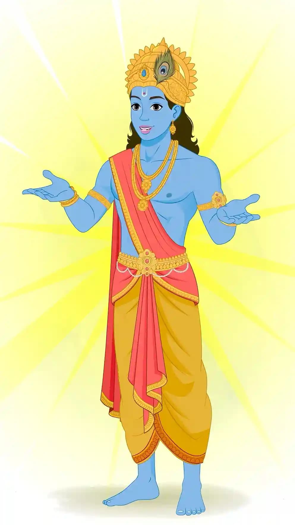 Lord Krishna stands with a radiant golden aura, both palms open as if teaching the Gita; wearing a peacock-feather crown, red uttariya, yellow dhoti, and gold ornaments AKA Lord krishna