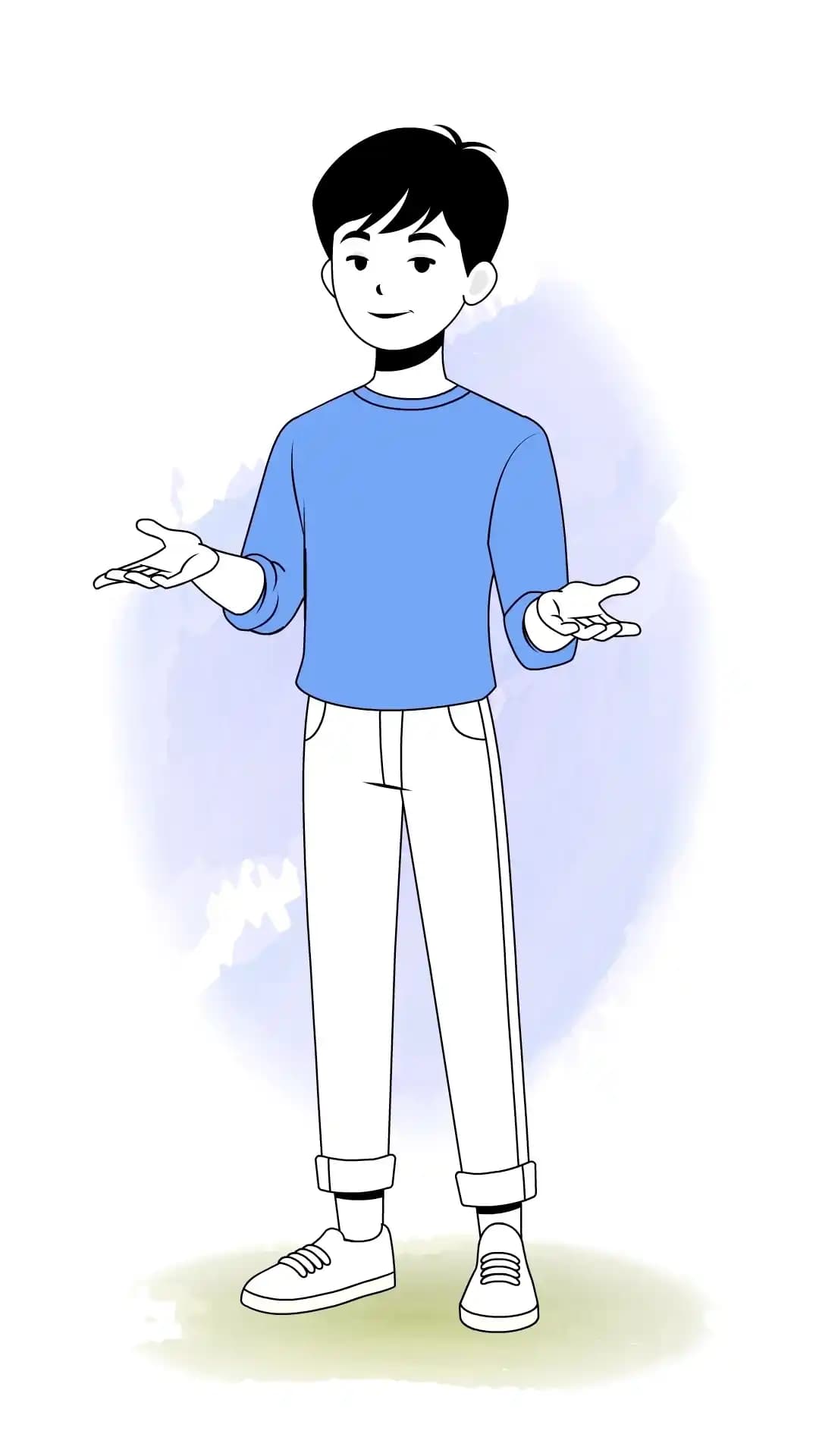 One Third illustration of a cute young man talking with open palms, wearing a blue sweatshirt, cuffed light pants, and sneakers in a clean infographic style AKA kim