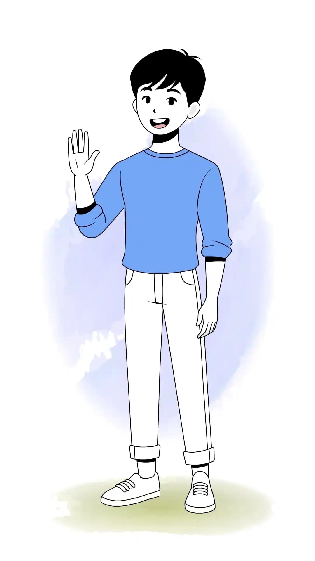 Front-view infographic-style illustration of a cute young man smiling and waving hello with one raised hand, wearing a blue sweatshirt, light pants, and sneakers AKA kim