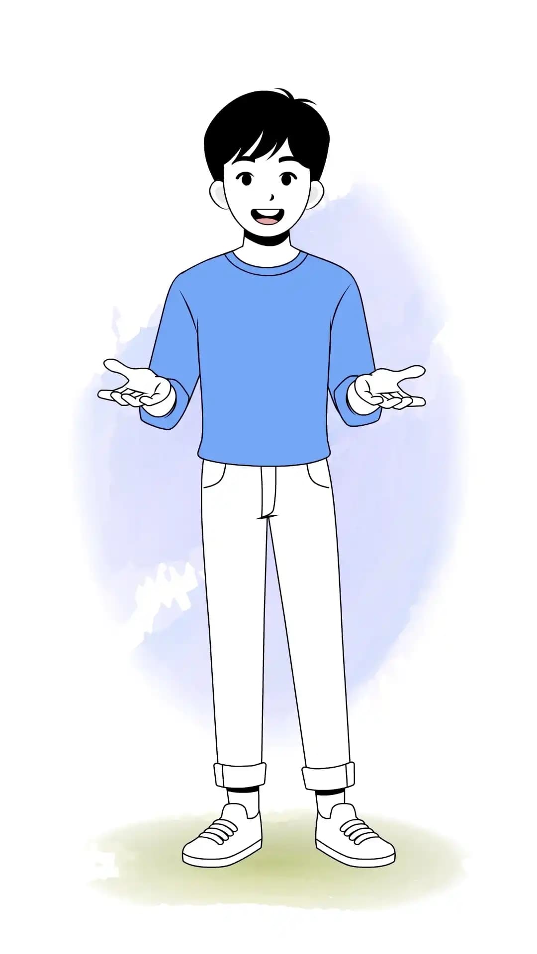 Front-view illustration of a cute young man talking with open palms, wearing a blue sweatshirt, cuffed light pants, and sneakers in a clean infographic style AKA kim