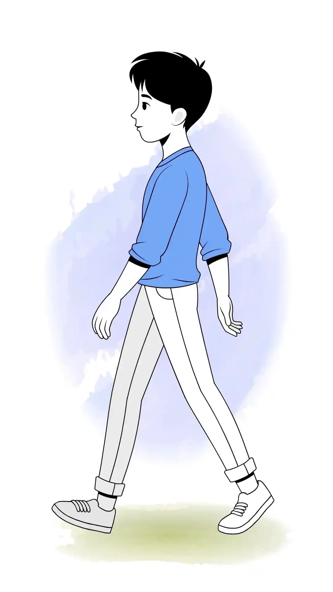 Side-view illustration of a cute young man walking, wearing a blue sweatshirt, light pants with rolled cuffs, and sneakers in a clean infographic style AKA kim
