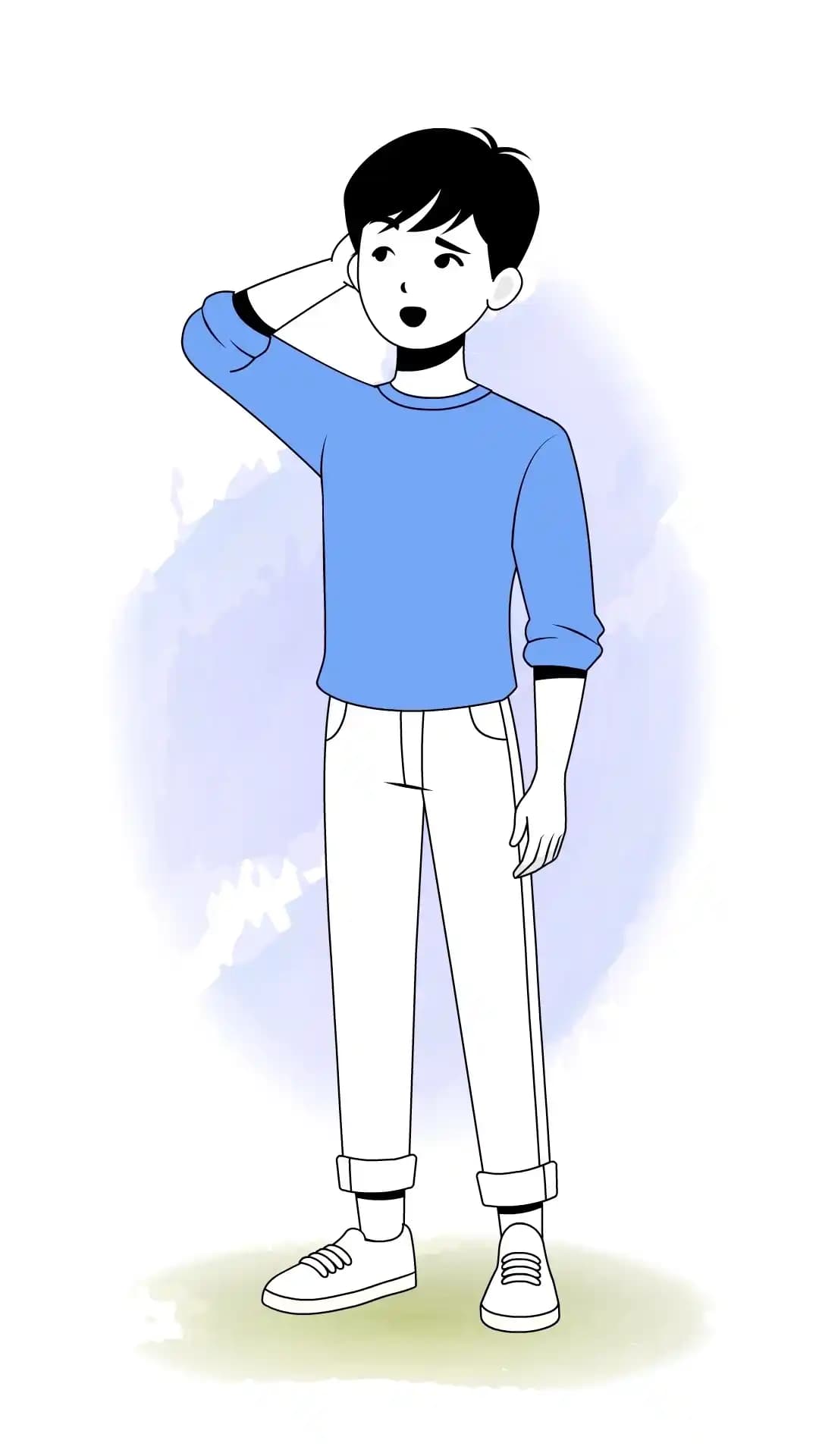 Three-quarter front infographic-style illustration of a cute young man looking confused, scratching the back of his head with one hand, wearing a blue sweatshirt, light pants with rolled cuffs, and sneakers AKA kim