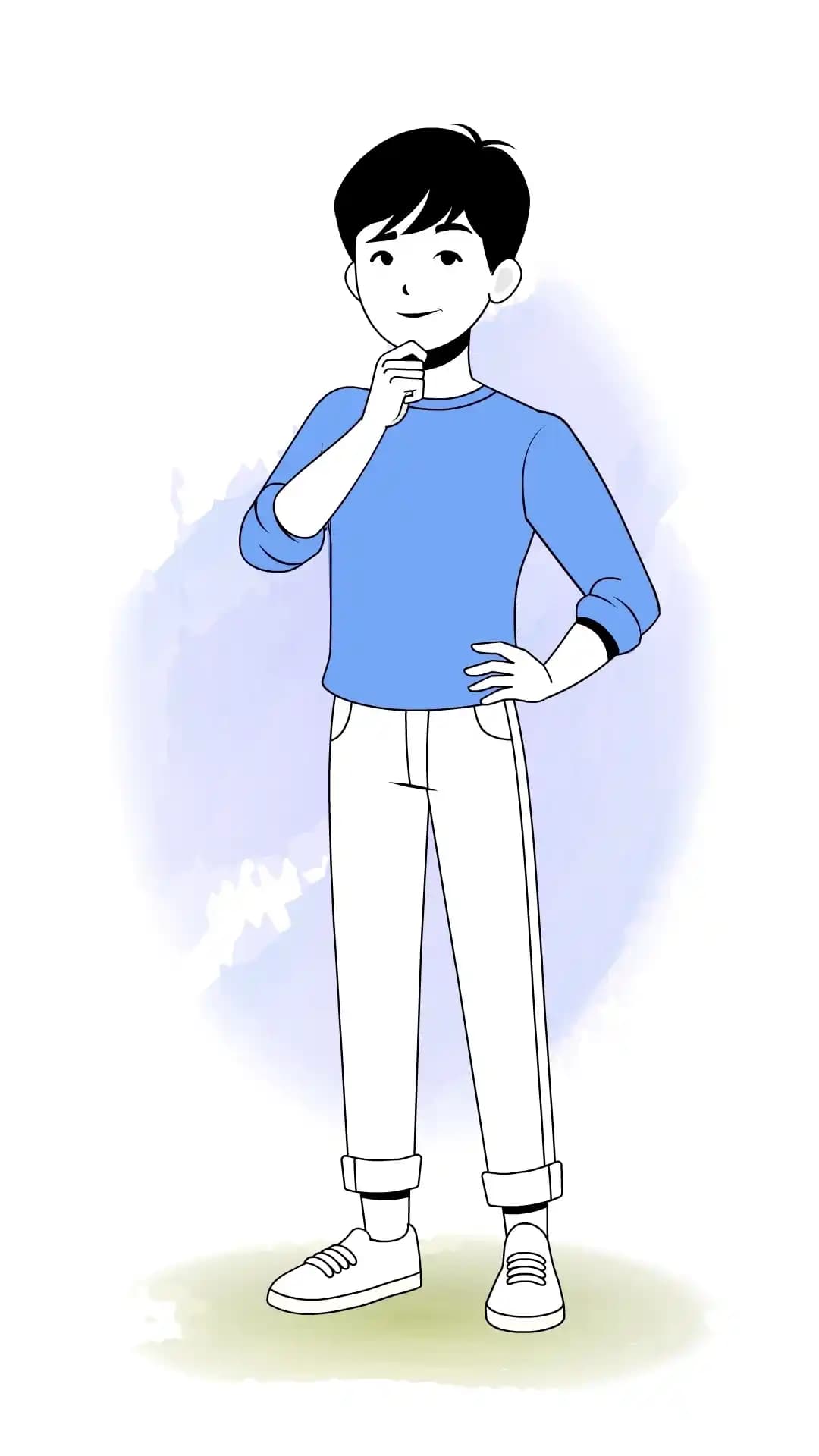 Three-quarter front infographic-style illustration of a cute young man thinking with one hand on his chin and the other on his hip, wearing a blue sweatshirt, rolled cuffs, light pants, and sneakers on a clean white background AKA kim