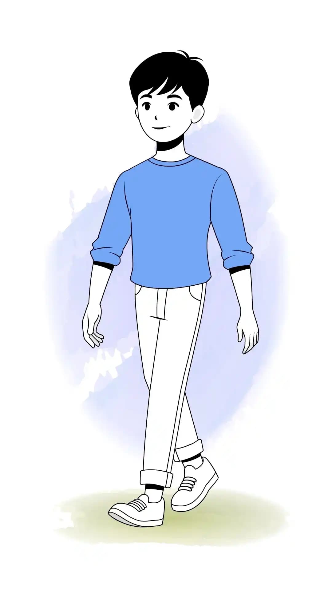 Infographic-style illustration of a cute young man walking in a relaxed one-third/three-quarter view, wearing a blue sweatshirt, light rolled-cuff pants, and sneakers on a clean white background AKA kim