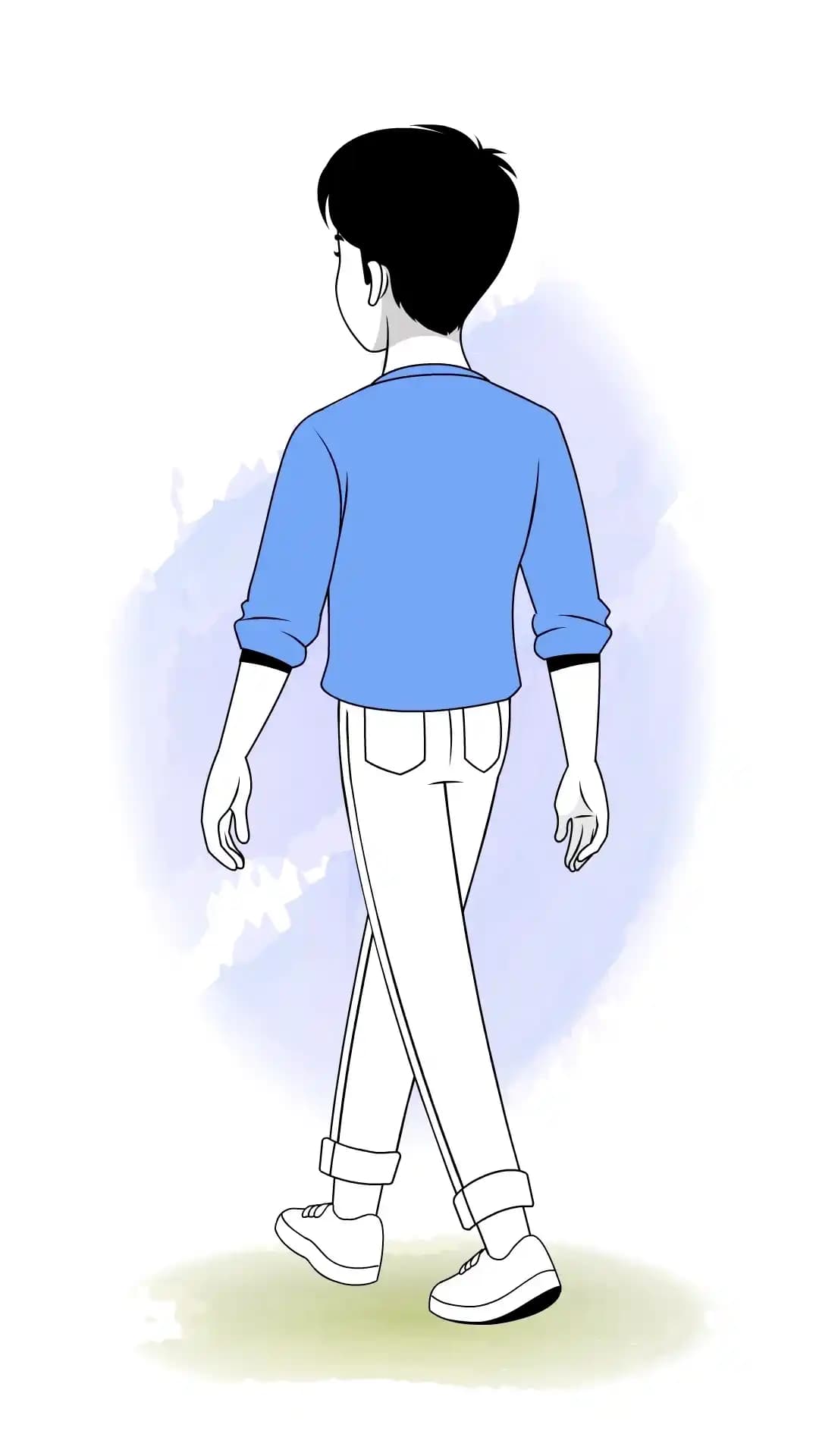 Infographic-style illustration of a cute young man seen from a back three-quarter view, casually walking away in a blue sweatshirt, light rolled-cuff pants, and sneakers on a clean white background AKA kim