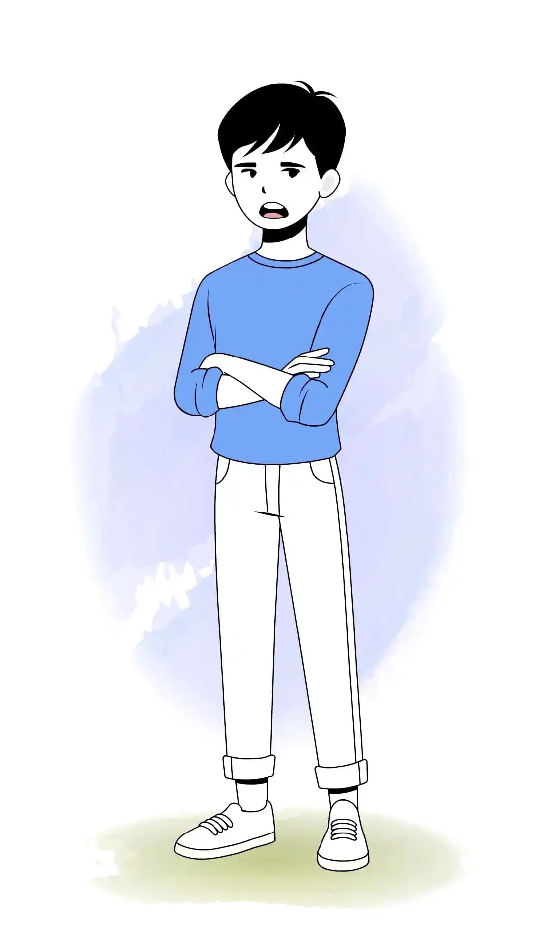 Infographic-style illustration of a cute young man in a three-quarter view with arms crossed and an annoyed expression, wearing a blue sweatshirt, light rolled-cuff pants, and sneakers on a clean white background AKA kim
