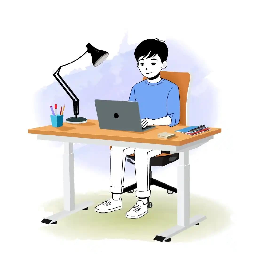 Infographic-style illustration of a cute young man seated at a desk, typing on a laptop with a task lamp, notebooks, and a pencil cup; he wears a blue sweatshirt, rolled-cuff white pants, and sneakers aka kim