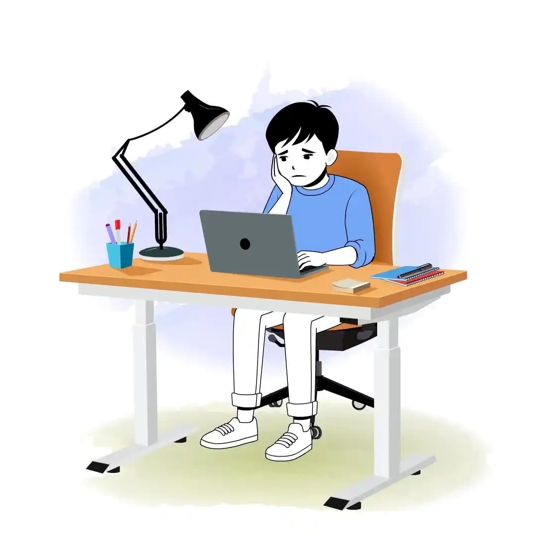 Infographic-style illustration of a cute young man sitting at a desk with a laptop, resting his cheek on one hand and looking sad/stressed; desk lamp, pencil cup, notebooks, and sticky notes on the table AKA kim
