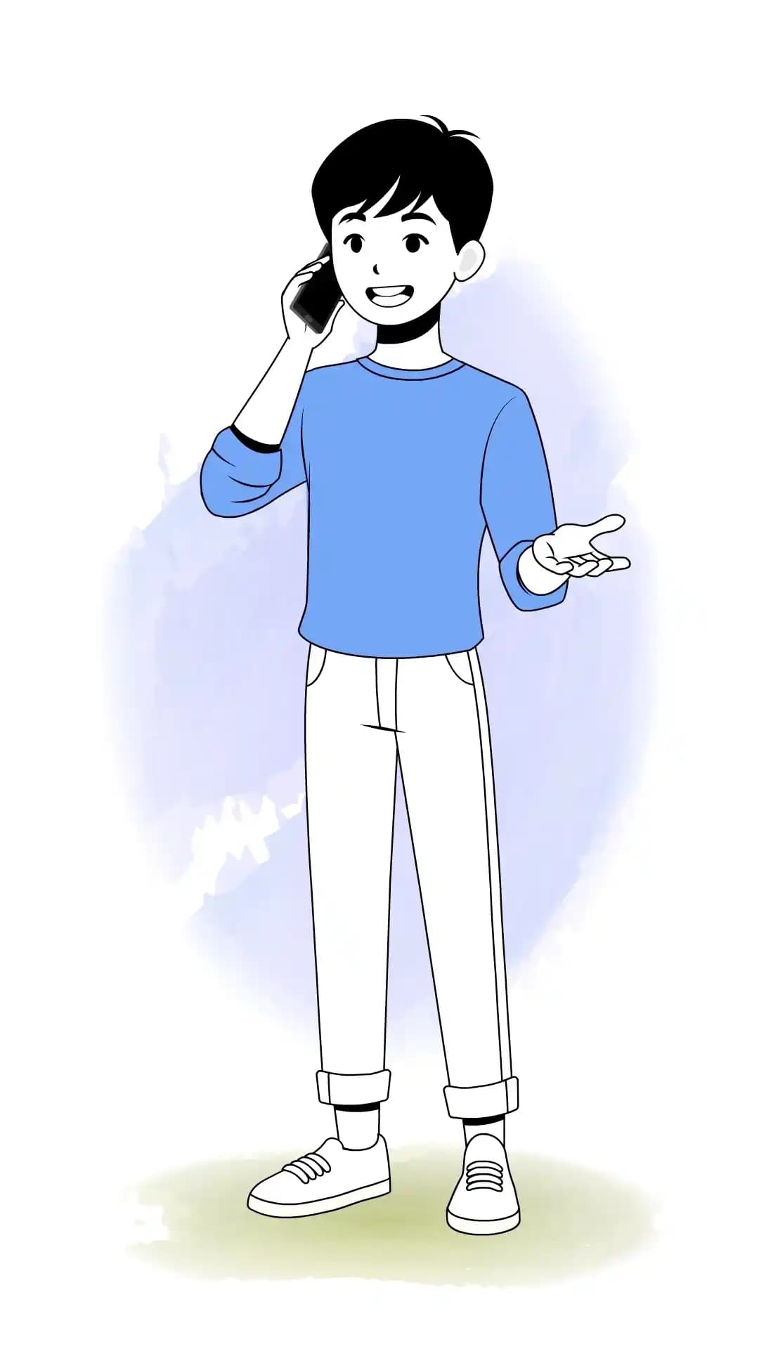 Infographic-style illustration of a cute young man standing and talking on a smartphone, smiling with one hand gesturing; blue sweater, white pants, sneakers AKA kim