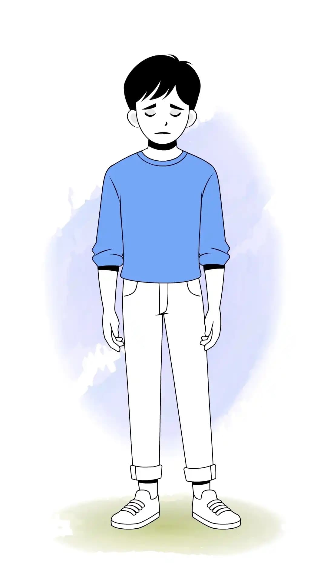 Infographic-style illustration of a cute young man standing sadly with eyes downcast and a frown; blue sweater, white pants, sneakers, full-body front view AKA kim