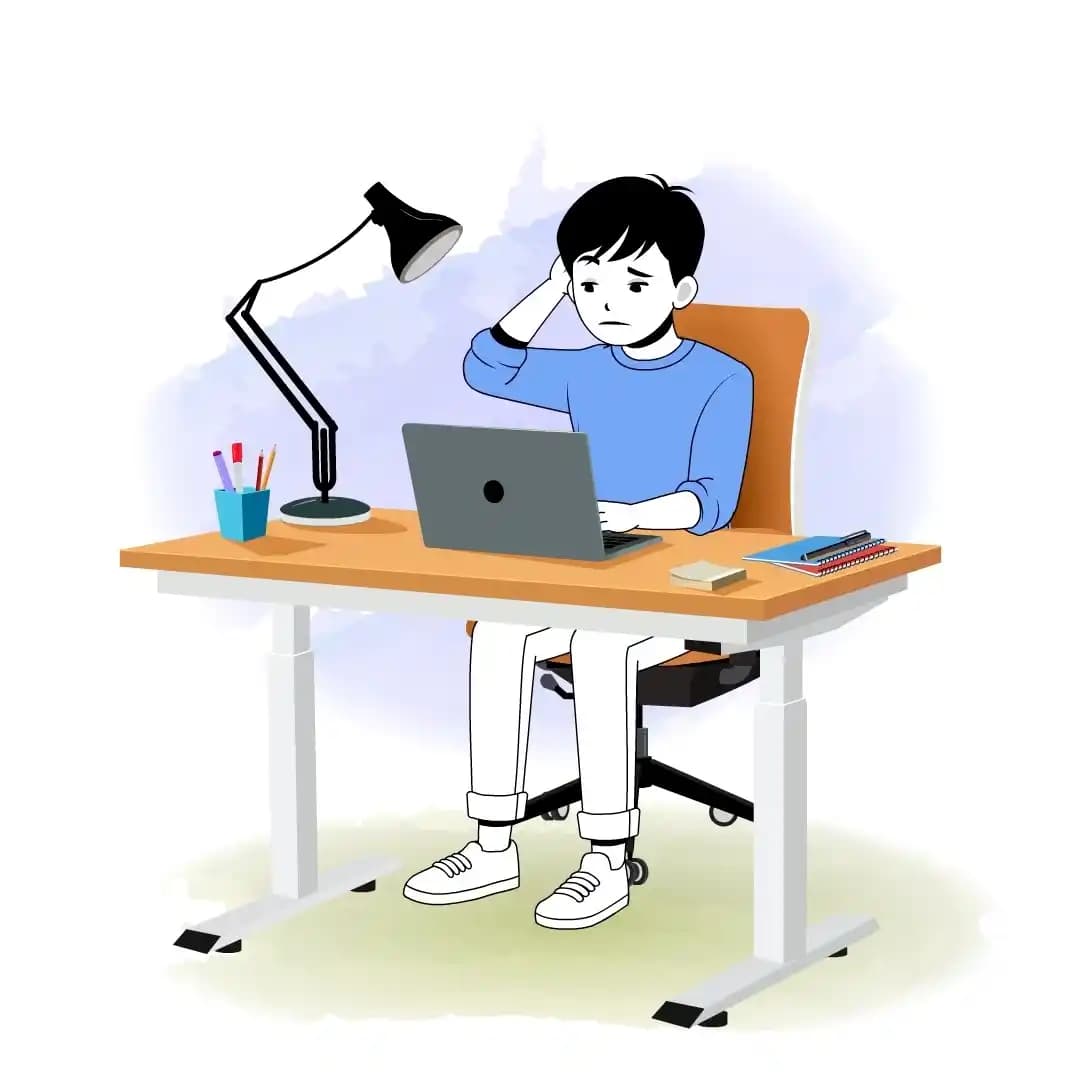 Infographic-style illustration of a cute young man seated at a desk, working on a laptop and scratching his head in confusion; desk lamp, cup of pencils, sticky notes, and notebooks create a modern workspace scene AKA kim
