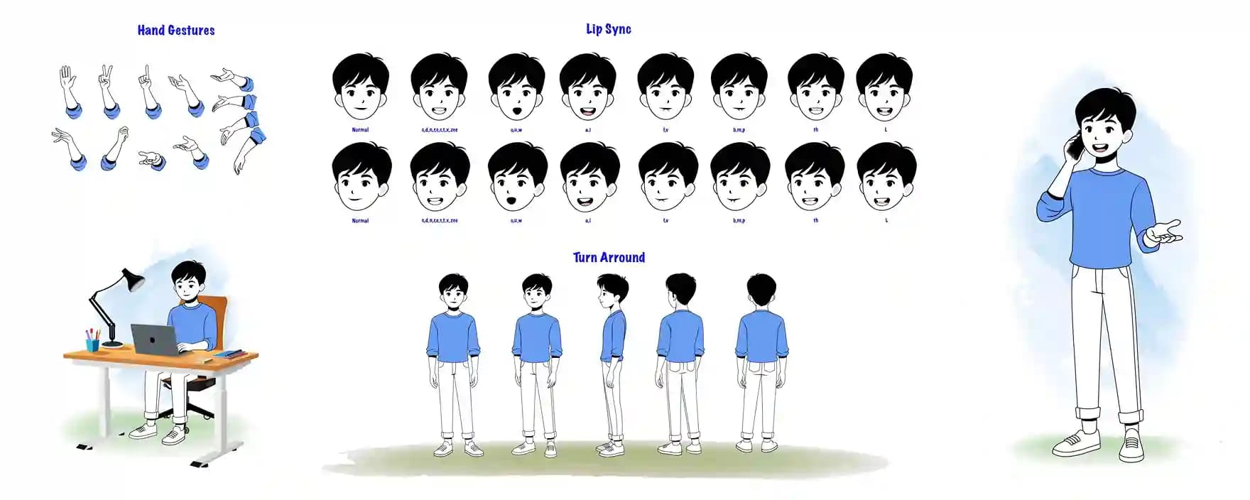 A clean infographic-style character model sheet of a cute young boy. Top-left shows multiple hand gestures; top-center shows lip-sync mouth shapes/phonemes (neutral,a,e,i,o,u,bmp,th,lv,oo,smile); middle row shows a 6-angle turnaround (front,¾-left,profile,¾-back,back); side panels include a “working at laptop” desk scene and a “talking on phone” full-body pose. Ideal as an animation reference for rigging and explainer videos AKA kim