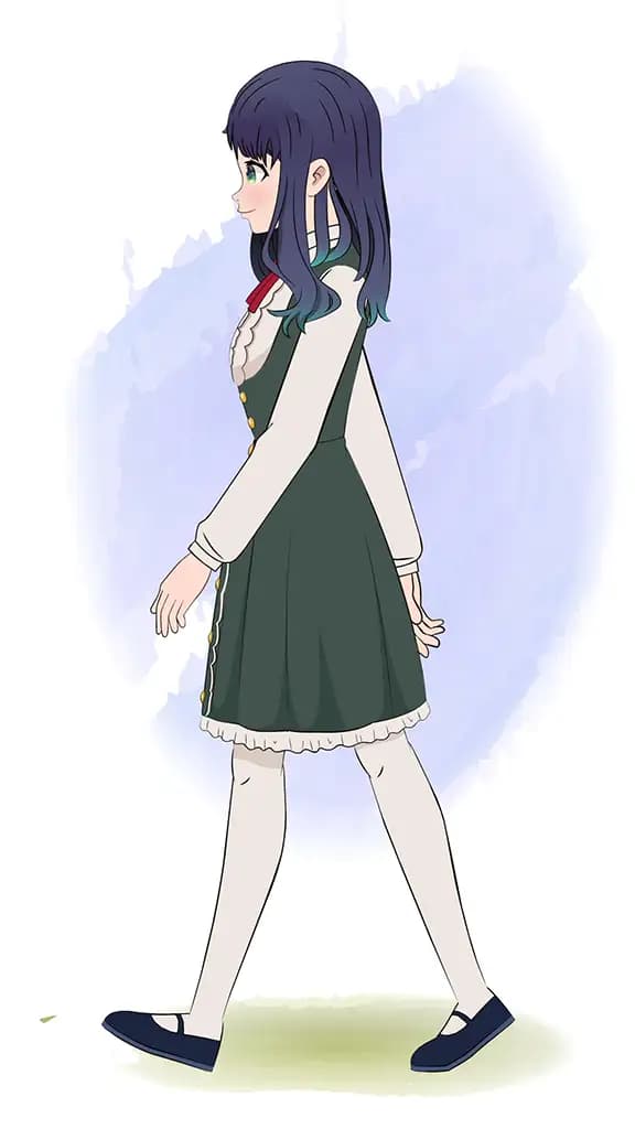 A cute anime girl walking side view animated cartoon character aka mun yeong