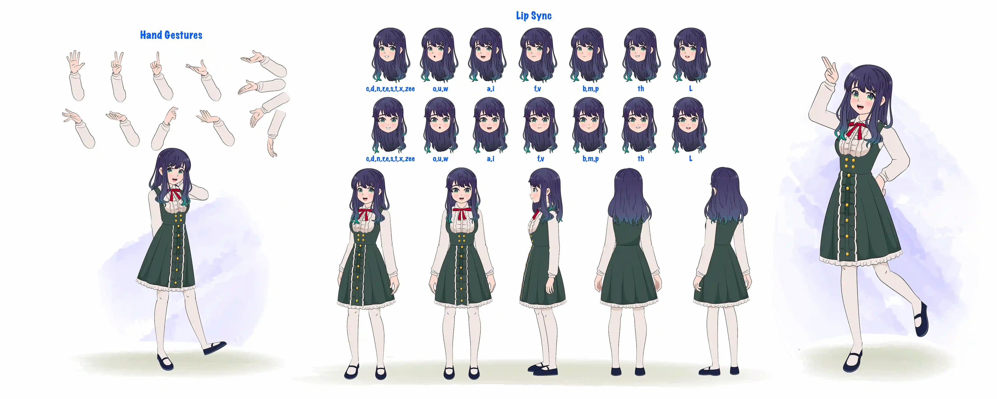 A cute anime girl model sheet-character construction design set with hand gesture and lip sync set AKA Mun yeong