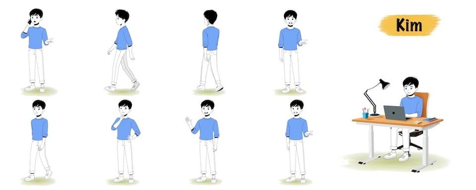A young man animated vector cartoon character model sheet AKA kim